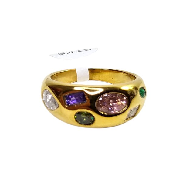 Bold 18K Gold Plated Stainless Steel Ring With‎ Multicolored CZ Stones - Picture 3 of 4